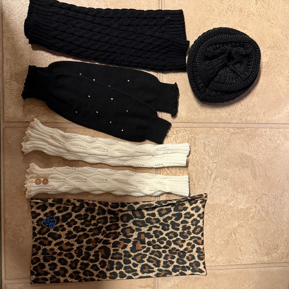 Stylish Knit Accessories Set in Black, Cream, and Leopard Print